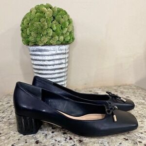 Franco Sarto Womens Black Leather Square Toe Bow Block Heel Pumps Shoes